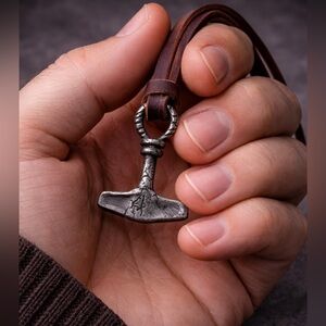 Brown Leather Thor Hammer Pendant Necklace for Men with Free box 15 in